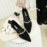 Microfiber Ballet Shoes Ladies Pearl Belt Flats Women Green Loafers Pointed Toe Moccasins Femme Dress Ballerina