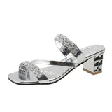 Breakj Women Summer Fashion Rhinestone Slipper Sexy Hollow Out Chunky High Heels Sandals Crystal Party Shoes Woman Flip