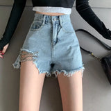 Summer New Women Chain Splicing Denim Shorts Lady Fashion Casual Wide Leg Pants Solid Color High Waist Loose A-line