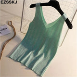 shiny Knitted Top Summer v-neck diamonds Tank top Women Slim Top Female bling sleeveless t-shirt Vest