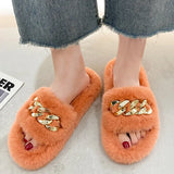 Fluffy Women slippers Gold Chain Fur slippers Shoes Women Fox Fur Flip Flop Flat Furry Fur Slides Outdoor Sandals