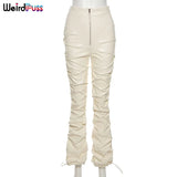 Puss Faux Leather Pants Cyber Y2K Vintage Stacked Zipper Side Slit Drawstring Pencil Pants Trend Streetwear Slim
