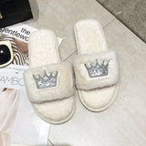 Breakj Winter New Korean Version Of The Crown Sequins One-Word Plush Warm Wool Slippers Flat Cotton Drag