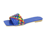 Slippers Women Summer Square Toe Casual Flat Ladies Multicolor Slides Female Weave Flip Flops Women's Home Shoes Plus