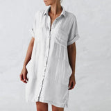 Summer Women New Turn-down Collar Casual Solid Color Shirt Dress Slim Elegant Half Sleeves Buttons Cardigan Pocket