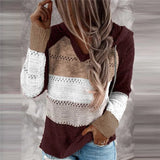 Autumn Patchwork Hooded Sweater Casual V-neck Striped Knitted Sweater Female Long Sleeve Pullover Jumpers New