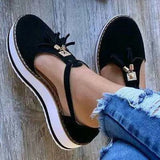 Women Summer Sandals Fashion Buckle Strap Solid Fringe Cover Heel Flat Platform Heel Casual Ladies Plus Size