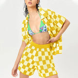 Casual Knit Lounge Wear Women Tracksuit Summer Shorts Set Green Plaid Shirt Tops And Mini Loose Shorts Two Piece