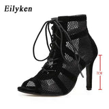 2022 Fashion Black Summer Sandals Lace Up Cross-tied Peep Toe High Heel Ankle Strap Net Surface Hollow Out