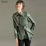 2021 Spring Autumn Lapel Faux Leather Jacket Women Green PU Coat Simplicity Loose Jackets Office Lady Outwear with