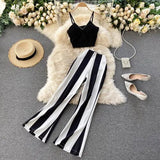 2021 Women Suit 2 Piece Set Short High Waist Black and White Striped Wide Leg Pants Sexy Party Club Women 2 Piece