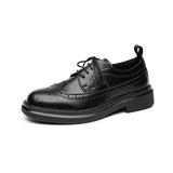 Breakj Vintage Round Head Cloth Block Carved Men's Fashion Business Casual Leather Shoes Increased Thick Bottom