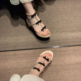 Breakj And Summer Classic Water Drill Sandals Black Bow Fairy Wind Roman Fine Ribbon Hollow Princess Shoes