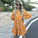 Elegant Floral Print Mini Dress O Neck Loose Casual Pleated Dress Lantern Long Sleeve Beach Dress Summer Autumn