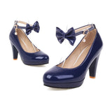 Fashion Women Ankle Strap Spike High Heels Bow Platform Round Toe Pumps Glossy Patent Leather Summer Autumn Sweet Lolita