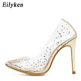 Fashion Rhinestones PVC Transparent Pumps Stilettos High Heels Point Toes Womens Party Golden Wedding High heels