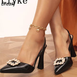 Sexy Pointed Toe Women Pumps Sandals Fashion Pearl Buckle Summer PU Leather High Heels Party Prom Shoes Escarpins