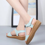 Breakj Cow Skin Slope Heel Sandals Women Korean Version Of Fashion Magic Sticky Beach Sandals One-字字 Heel Mother