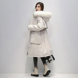 Winter Artificial Fur Hooded Long Jacket 90% White Duck Down Coat Big Pocket Parkas Loose Warm Jackets Yellow Snow