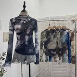 Pure Want To Play The Bottom Of The Long-Sleeved T-Shirt Design Hollow Print Irregular Mesh Yarn Personality Hottie Top