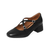 Retro Cowhide Genuine Leather Single Shoe Female Cross Strap Med Chuncky Heel Round Toe French Mary Jane Pumps Sheepskin