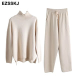 Pieces Set Women Knitted Tracksuit Turtleneck Sweater + Carrot Jogging Pants Pullover 2021 Sweater Set CHIC Knitted