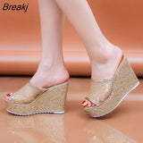 Golden Women House Slippers Summer Shoes Platform 4cm Outside Fitting-room 11cm High Heels Wedges Solid Mesh Female