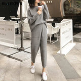 2021 Winter Casual Thick Sweater Tracksuits O-neck Jumpers & Elastic Waist Pants Suit Female Knitted 2 Pieces