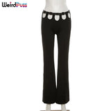 Puss Y2K Chic Button Mid Waist Pants Women Summer Hollow Out Streetwear Flare Pants 2021 Fashion Casual Skinny