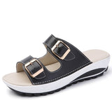 Leather Womens Sandals Summer Beach Shoes Women Slipper Plus Size Buckle Slide Sandals Comfort Thick Sole Slippers