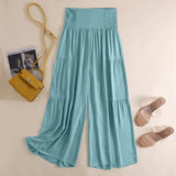 ZANZEA Women's Wide Leg Pants 2022 Summer Pleated Patchwork High Waist Pants Casual Solid Loose Long Pants Lady Oversized Pant