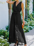 Fashion Solid Lace Up High Waist Sheer Party Dress Summer Chic Long Dress Women Summer 2022 Elegant V-Neck Sleeveless Long