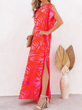 Women Elegant Floral Print Short Sleeve High Waist Beach Dress Summer Party Dress Sexy Slanted Shoulder Slit Holiday Long