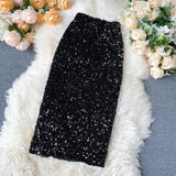 Women Sequins Pencil Skirts Korean Elegant Mid Length Bodycon Jupe Spring Sexy Femme Trend High Waist Slim Shinny