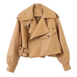 New Arrivals Women Faux Leather Jacket Pu Motorcycle Biker Beige Leather Coat Fashion Turndown Collar Loose