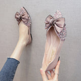Spring Lace Bowknot Flats Women Glitter Crystal&Beads Ballets Shoes Ladies Pointed Toe Loafers Dress Slip On Moccasins