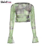 Puss Y2K Vintage Print Mesh Crop Top Women Side Slit Flare Sleeve Slim T-Shirts Trend Casual Streetwear Autumn Skinny