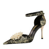 Breakj Banquet High Heel Shallow Mouth Empty A Word With Pointed Diamond Pearl Flower Sandal High