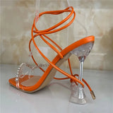 PVC Transparent Cross Women Clear Crystal Thin High Heel Stilettos Sexy Lace Up 2021 Summer Sandals Shoes Open Toe Ladies