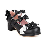 United States Women's Lolita Shoes Vintage Sweet Straps Bows Mary Janes Shoes Round Toe Chunky Mid Heel Platform Pumps