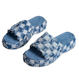 Breakj Washed Denim Thick Base Slippers Geometric Pattern Jacquard Plaid Slippers Women