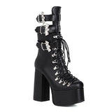Punk Women Solid Buckle Lace Up Bat Decoration High Heel Plarform Women Boots 2021 Casual Trendy Luxury Winter