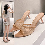 Breakj Temperament Cool Slippers Women's Summer Wear A New Fine Heel Mesh Hot Diamond Pointy Fish Mouth Exposed High