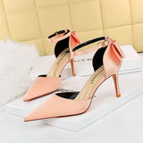 Breakj Korean Version Of Sweet Women's Shoes Fine Heel High Heel Shallow Mouth Pointed Silk Hollow Bow After A Word With