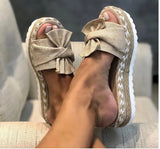 Version Of The New Large-Size Linen Thick-Bottom Slippers Women Bow Linen Rope Slope And Beach Cool