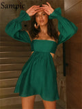 Women Long Puff Sleeve Hollow Out Sexy Club Party Mini Dress Backless 2021 Winter Casual Beach White Fashion