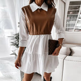 Stand Collar Print Zipper Long Sleeves Mini Dress Casual Autumn Winter Fashion Pocket Pu Leather Dress Elegant Slim