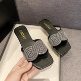 Breakj Version Of Stripe Flat Slippers Female Flat Slippers Square Head One Foot Pedal Home