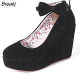 Women's High Heels Shoes Plus Size Platform Wedges Pumps for Woman Flock Buckle Bowtie Red Ankle Strap Wedding Shoes Round