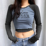Fake 2 Pieces Letter Print Cotton Tshirt Women Autumn Casual Crop Top T Shirt Ladies Fashion Basic T-shirt